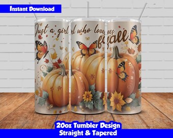 Fall Pumpkins tumbler wrap design, 20oz Skinny Tumbler Sublimation, Just a Girl Who Loves Fall Tumbler PNG, Seamless design