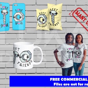 May include: A set of four products featuring a cartoon screw and nut design. The set includes two phone cases, a pillow, and a mug. The phone cases are blue with pink hearts and the text "Love you". The pillow is yellow with the text "Best Friends". The mug is white with the text "Best Friends".