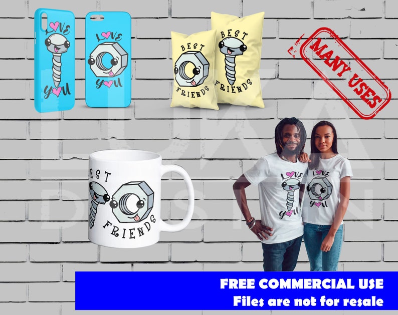 May include: A set of four products featuring a cartoon screw and nut design. The set includes two phone cases, a pillow, and a mug. The phone cases are blue with pink hearts and the text "Love you". The pillow is yellow with the text "Best Friends". The mug is white with the text "Best Friends".