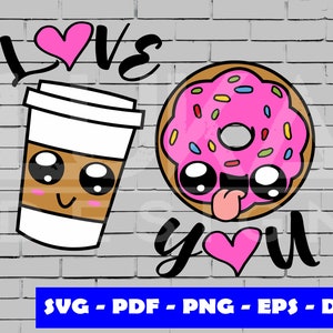 May include: A pink donut with sprinkles and a smiling face says "Love You" to a brown coffee cup with a smiling face. The background is a brick wall.