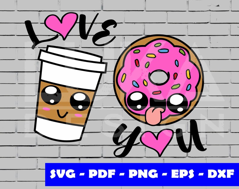 May include: A pink donut with sprinkles and a smiling face says "Love You" to a brown coffee cup with a smiling face. The background is a brick wall.