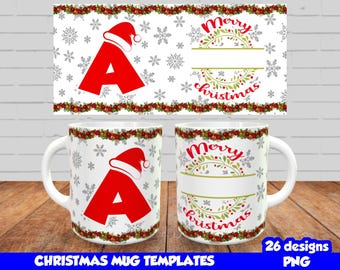 Weihnachtsbecher-Vorlage, personalisierte Becherdesigns, Weihnachtsalphabet-Becherdesigns PNG, A bis Z Sublimationsbecher-Wraps für 11 Unzen Becher