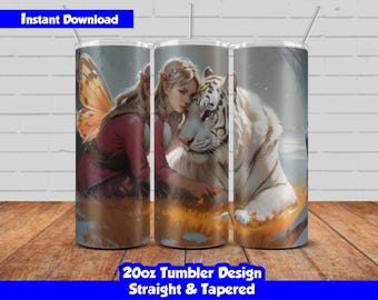 20oz Skinny Tumbler Sublimation Wrap, Fairy and tiger Design, PNG Digital Download, Straight & Tapered, Seamless Fairy Tumbler Wrap