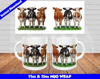 Funny Cows Mug Wrap, Sublimate Mug Design PNG, Farm Cows Mug Design, Sublimation Template, 11oz and 15oz mug, Instant Digital Download