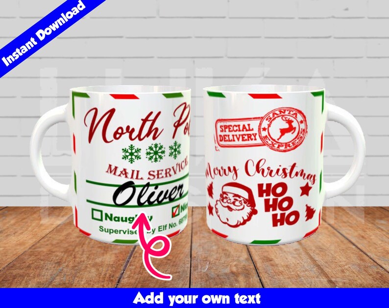 K&ouml;nnte beinhalten: Zwei wei&szlig;e Keramikbecher mit Weihnachtsmotiven. Ein Becher hat ein rot-gr&uuml;nes Design des Nordpol-Postdienstes mit dem Text "Oliver" und "Naughty" und "Supervise" darauf gedruckt. Der andere Becher hat ein rot-gr&uuml;nes Weihnachtsmann-Design mit dem Text "Special Delivery" und "Frohe Weihnachten" und "Ho Ho Ho" darauf gedruckt.