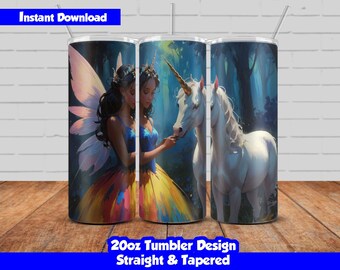 Fairy With Unicorn Tumbler Wrap Design, 20oz Skinny Tumbler Sublimation, Beautiful Fairy and Unicorn design PNG, Seamless design