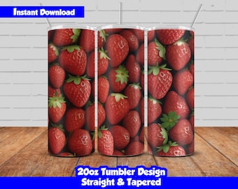 20oz Skinny Tumbler Sublimation Wrap, 3d Strawberries Design, PNG Digital Download, Straight & Tapered, Seamless Floral Tumbler Wrap