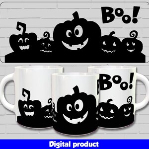 May include: Three white mugs with black Halloween-themed designs. Each mug features a row of pumpkins with spooky faces and the word "Boo!" printed on the mug.