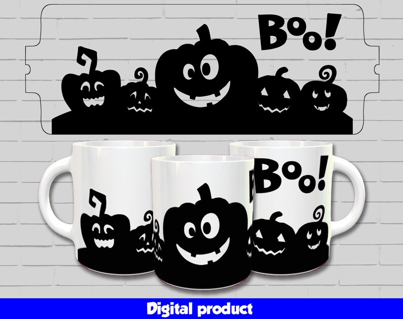 May include: Three white mugs with black Halloween-themed designs. Each mug features a row of pumpkins with spooky faces and the word "Boo!" printed on the mug.