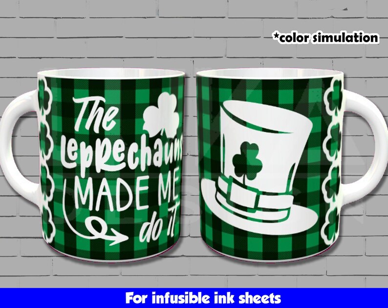 May include: Two white mugs with green and black checkered patterns. One mug features a leprechaun hat with a shamrock and the text "The Leprechaun Made Me Do It". The other mug features a leprechaun hat with a shamrock.