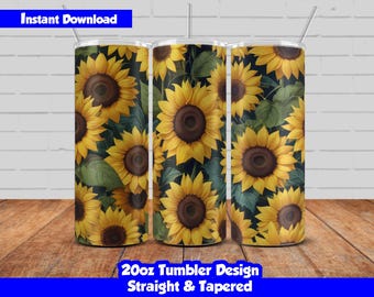 20oz Skinny Tumbler Sublimation Wrap, 3d Sunflowers Design, PNG Digital Download, Straight & Tapered, Seamless Floral Tumbler Wrap