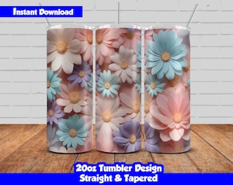 20oz Skinny Tumbler Sublimation Wrap, Colorful Flowers Design, PNG Digital Download, Straight & Tapered, Seamless Floral Tumbler Wrap