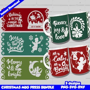 Christmas Cricut Mug Press SVG, 5 szablonów prasy do kubków, opakowanie na kubek SVG, wzory sublimacji Png, pakiet świąteczny SVG na kubek 12oz i 15oz