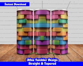 20oz Skinny Tumbler Sublimation Wrap, 3d Colorful Wall Design, PNG Digital Download, Straight & Tapered, Seamless 3d Wall Tumbler Wrap