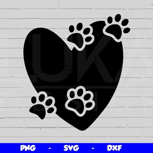 May include: Black silhouette of a heart with four paw prints inside. The paw prints are arranged around the heart.