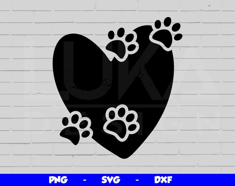 May include: Black silhouette of a heart with four paw prints inside. The paw prints are arranged around the heart.