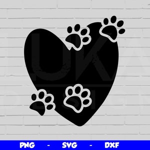 May include: Black silhouette of a heart with four paw prints inside. The paw prints are in the shape of a dog's paw.