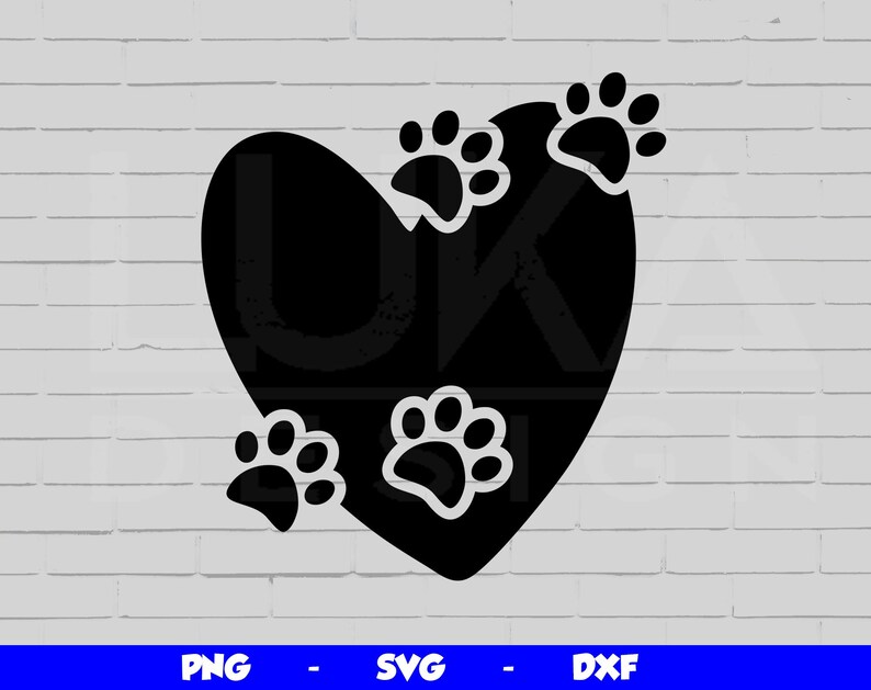 May include: Black silhouette of a heart with four paw prints inside. The paw prints are in the shape of a dog's paw.