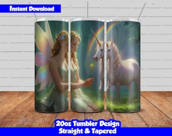 Fairy With Unicorn Tumbler Wrap Design, 20oz Skinny Tumbler Sublimation, Beautiful Fairy and Unicorn design PNG, Seamless design