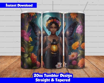 20oz Skinny Tumbler Sublimation Wrap, Beautiful Fairy Design, PNG Digital Download, Straight & Tapered, Seamless Fairy Tumbler Wrap