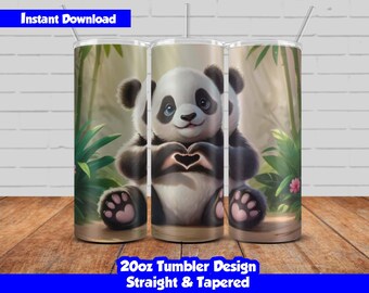 Cute Panda Tumbler Wrap Design, 20oz Skinny Tumbler Sublimation, Adorable Panda Giving Heart Hand Sign PNG, Seamless design