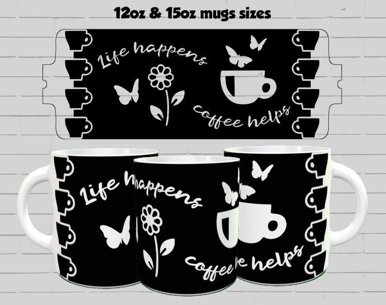 Puede incluir: Dos tazas de cer&aacute;mica blanca con asas negras. Las tazas tienen un dise&ntilde;o negro con mariposas blancas, una flor y el texto "Life happens coffee helps".