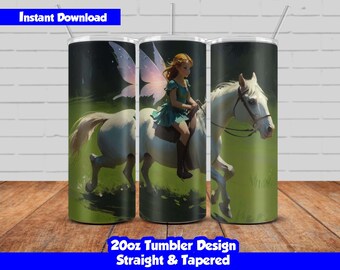 20oz Skinny Tumbler Sublimation Wrap, Fairy and horse Design, PNG Digital Download, Straight & Tapered, Seamless Fairy Tumbler Wrap