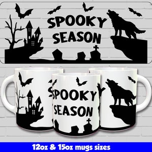 May include: Three white ceramic mugs with black Halloween-themed designs. The mugs feature a spooky castle, a howling wolf, and bats. The text "Spooky Season" is printed on the mugs. The mugs are available in 12oz and 15oz sizes.