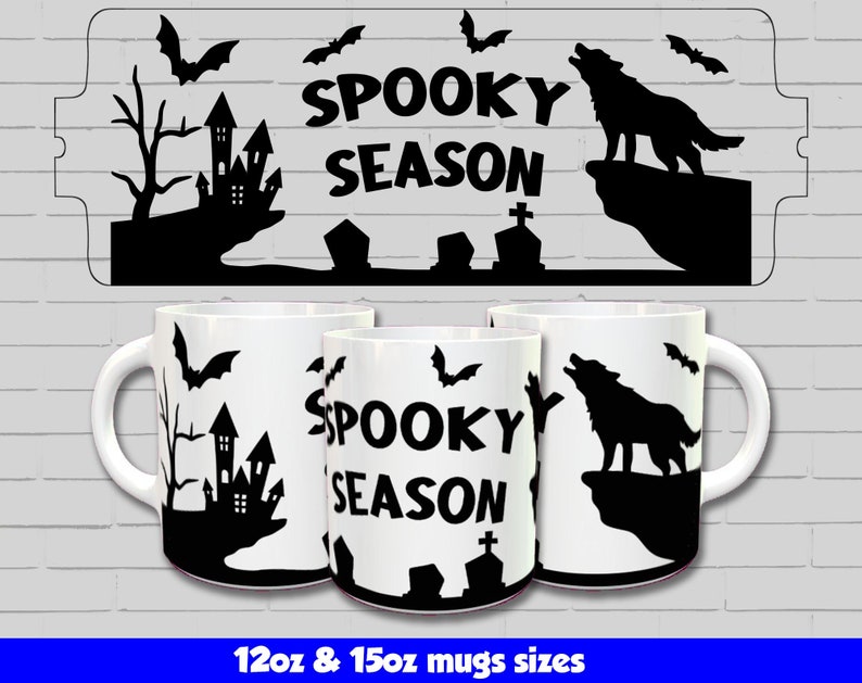 May include: Three white ceramic mugs with black Halloween-themed designs. The mugs feature a spooky castle, a howling wolf, and bats. The text "Spooky Season" is printed on the mugs. The mugs are available in 12oz and 15oz sizes.