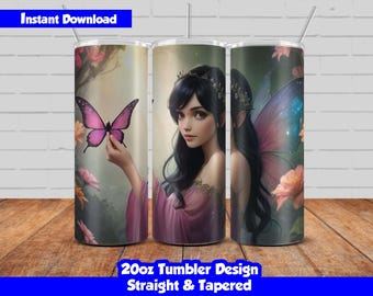 20oz Skinny Tumbler Sublimation Wrap, Beautiful Fairy Design, PNG Digital Download, Straight & Tapered, Seamless Fairy Tumbler Wrap