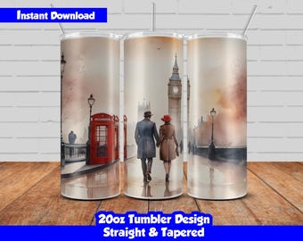Vintage London landscape wrap design, 20oz Skinny Tumblers Sublimation Design, Valentine’s Day Tumbler Wrap, Straight and Tapered Included
