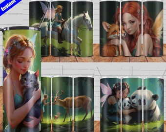 Fairies Tumbler Wrap, 20oz Skinny Tumblers Sublimation Designs, 5 Beautiful Fairies with Cute Animals Tumbler Bundle PNG, Seamless Designs