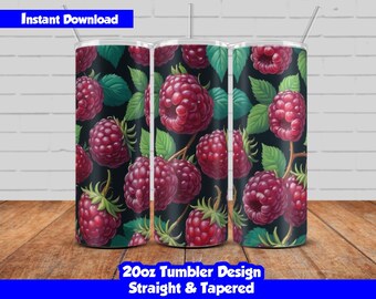 20oz Skinny Tumbler Sublimation Wrap, Blackberries Design, PNG Digital Download, Straight & Tapered, Seamless Floral Tumbler Wrap