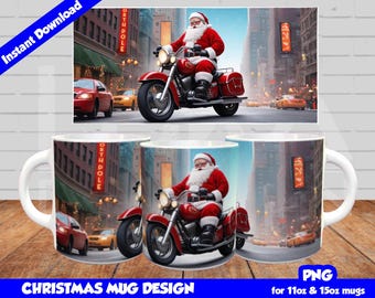 Sjabloon kerstmok, sublimatiemokontwerpen, kerstmokomslag, sublimatiesjabloon png, kerstman-motorfiets, direct downloaden