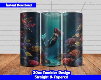 Colorful Mermaid Tumbler Wrap Design, 20oz Skinny Tumbler Sublimation, Beautiful Mermaid design PNG, Seamless design
