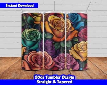20oz Skinny Tumbler Sublimation Wrap, Colorful Flowers Design, PNG Digital Download, Straight & Tapered, Seamless Floral Tumbler Wrap