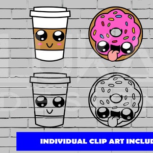 May include: Four cartoon images of a coffee cup and donuts with cute faces. The coffee cups are white with brown lids and brown coffee inside. The donuts are pink and white with sprinkles. The background is a gray brick wall.