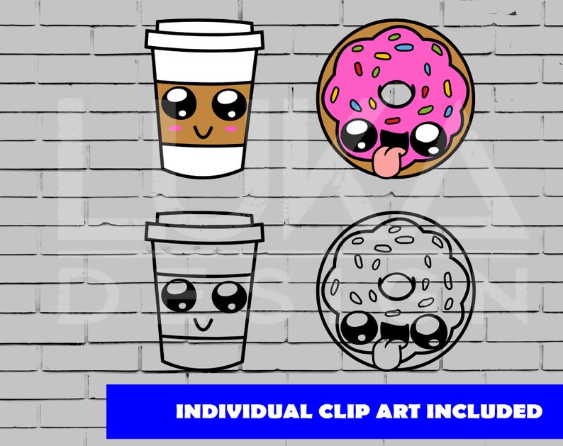 May include: Four cartoon images of a coffee cup and donuts with cute faces. The coffee cups are white with brown lids and brown coffee inside. The donuts are pink and white with sprinkles. The background is a gray brick wall.