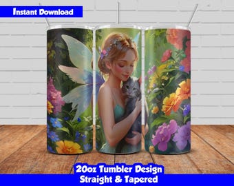 20oz Skinny Tumbler Sublimation Wrap, Fairy with cat Design, PNG Digital Download, Straight & Tapered, Seamless Fairy Tumbler Wrap