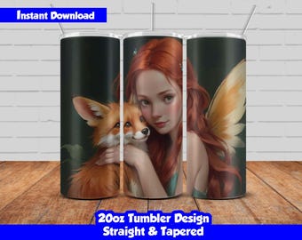 20oz Skinny Tumbler Sublimation Wrap, Fairy and fox Design, PNG Digital Download, Straight & Tapered, Seamless Fairy Tumbler Wrap