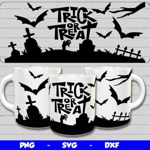 May include: A set of three white mugs with black Halloween-themed designs. Each mug features a spooky graveyard scene with bats, a tombstone, and the text "Trick or Treat".