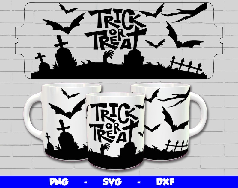 May include: A set of three white mugs with black Halloween-themed designs. Each mug features a spooky graveyard scene with bats, a tombstone, and the text "Trick or Treat".