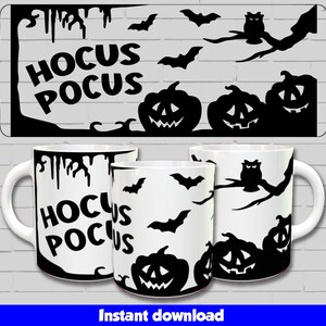 May include: Two white mugs with black Halloween designs. One mug features the text "Hocus Pocus" and dripping black paint. The other mug has bats, owls, and pumpkins.