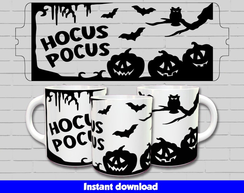 May include: Two white mugs with black Halloween designs. One mug features the text "Hocus Pocus" and dripping black paint. The other mug has bats, owls, and pumpkins.