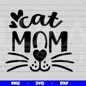 May include: Black and white graphic design with the text "cat mom" and a stylized cat face with whiskers.