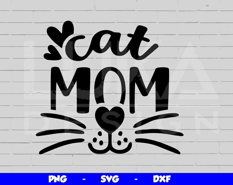 May include: Black and white graphic design with the text "cat mom" and a stylized cat face with whiskers.