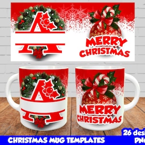 Plantilla de taza navideña, diseños de tazas para sublimar, diseños de tazas con alfabeto navideño PNG, plantillas de tazas personalizadas para sublimación de la A a la Z, taza de 11 oz