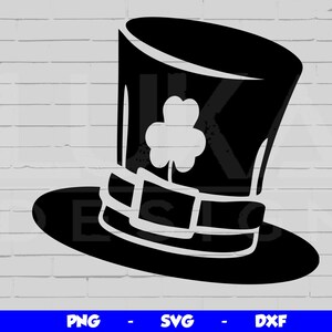 May include: Black and green silhouette of a leprechaun's hat with a shamrock on the top.
