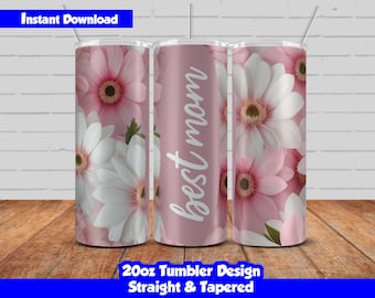 20oz Skinny Tumbler Sublimation Wrap, Best Mom Floral Design, Customizable PNG Tumbler Wrap, Gift For Mom, Straight & Tapered, Seamless