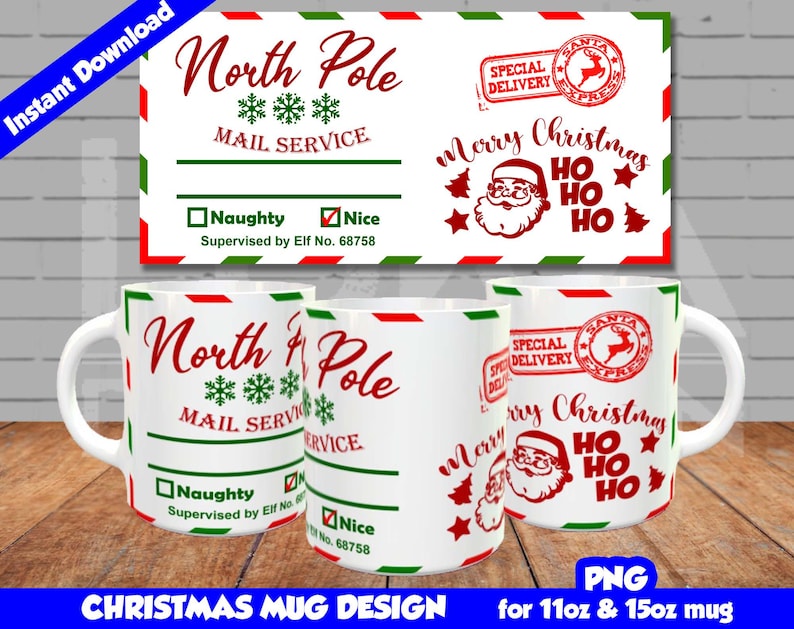 K&ouml;nnte beinhalten: Eine wei&szlig;e Keramiktasse mit rotem und gr&uuml;nem Design. Die Tasse zeigt eine Illustration von Weihnachtsmann, den Text "North Pole Mail Service" und eine "Naughty or Nice" Checkliste. Die Tasse ist f&uuml;r 11 oz oder 15 oz.